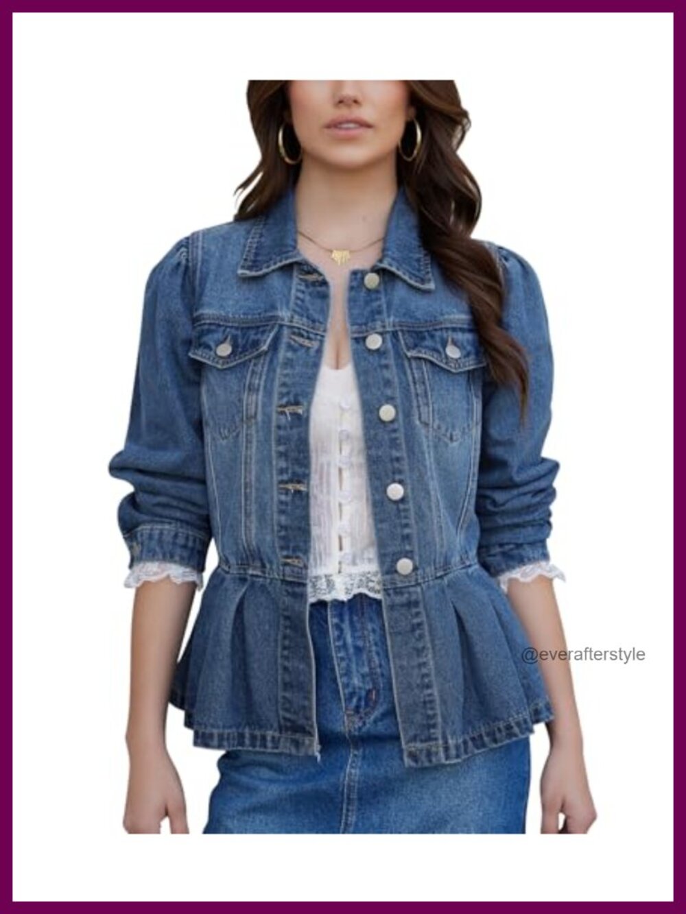 Puff Sleeve Peplum Denim Jacket Button Up Cotton Jean Jacket